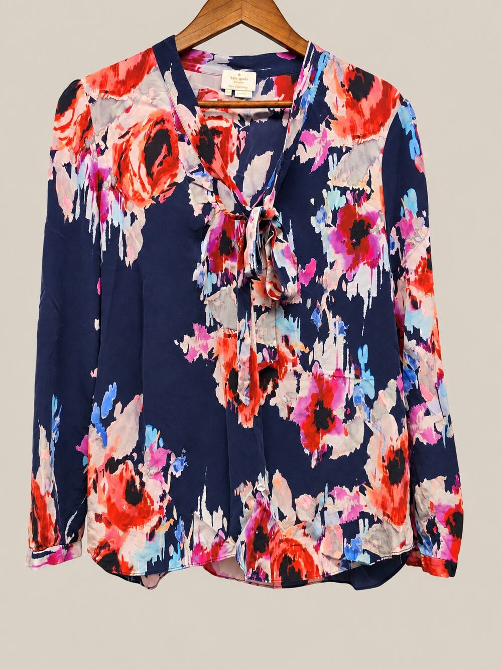 Kate Spade New York Silk Love Colorfully Floral Tie Neck Blouse Top XXL